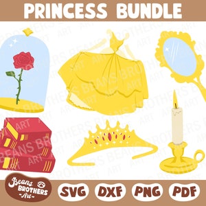 Paquete de varias capas de cuentos de hadas de princesas SVG PNG DXF Archivos de corte Cricut Canva Clipart: vestido, candelabro, rosa encantada, tiara, espejo, libros