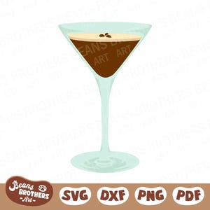Espresso Martini SVG con guarnizione di fagioli, Silhouette di bicchieri da cocktail a strati di vodka e gin, Bundle + PNG DXF Cricut Cut File Canva Clipart