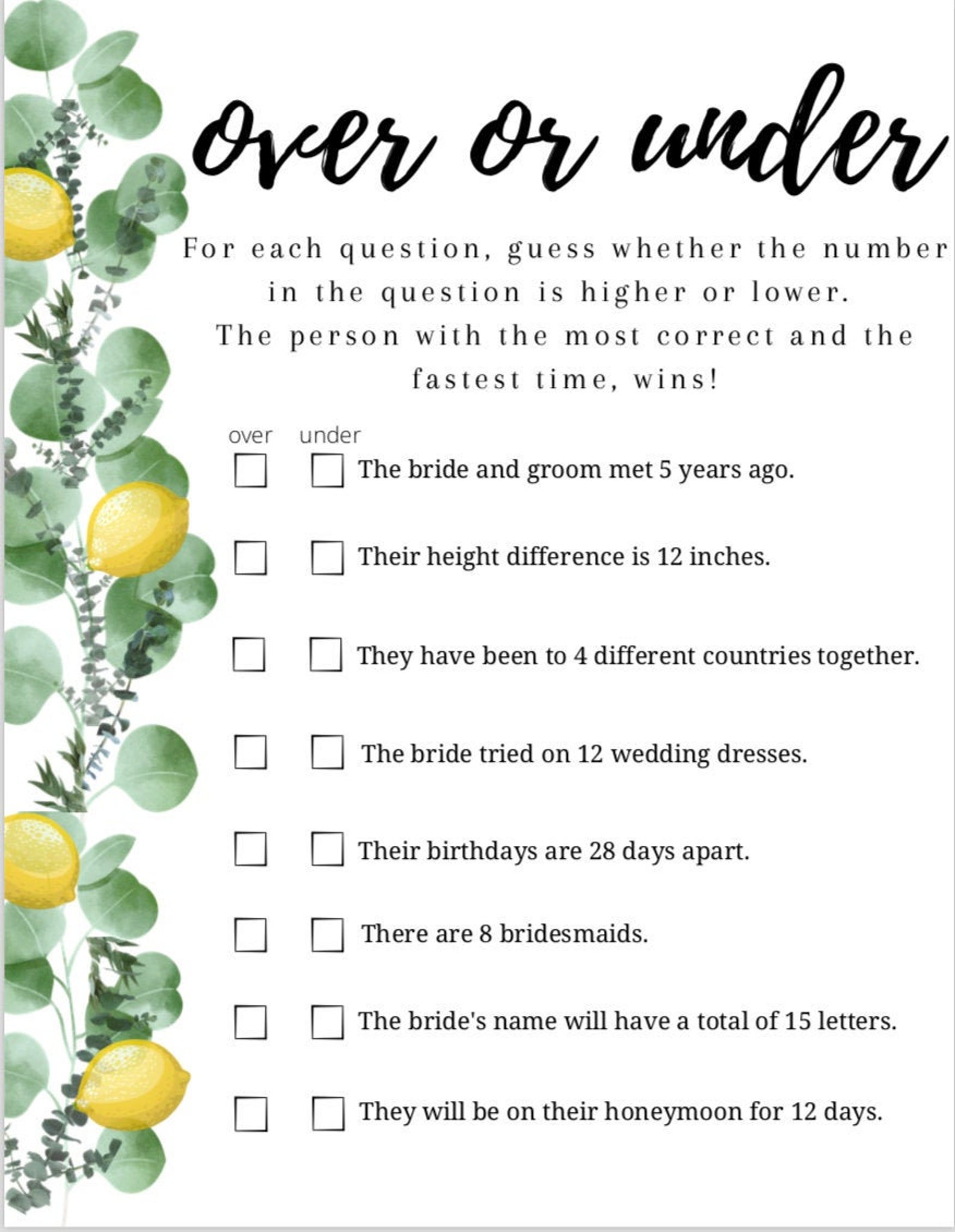 Over or Under Bridal Shower Game Etsy