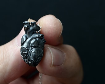 May include: A detailed, dark gray pendant necklace featuring a realistic anatomical heart. The heart pendant is intricately sculpted and suspended from a delicate silver chain. The background is a solid black.