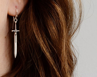 Sterling Silver Sword Dangle Earrings: Gothic Medieval Jewelry