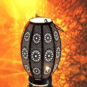 Moroccan Brass Hanging Lantern: Black, Gold & Blue - 18 Inches