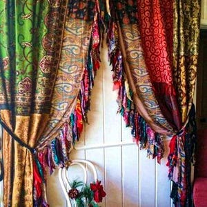 Hippie Boho Silk Curtain Panels, Rainbow Floral Bohemian Room Canopy Decor Wall Hanging Handmade Silk Multi color Home Decor Curtains
