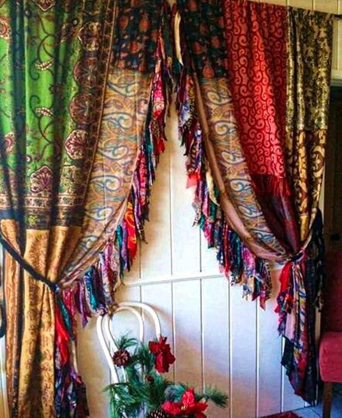 Hippie Boho Silk Curtain Panels, Rainbow Floral Bohemian Room Canopy Decor Wall Hanging Handmade Silk Multi color Home Decor Curtains