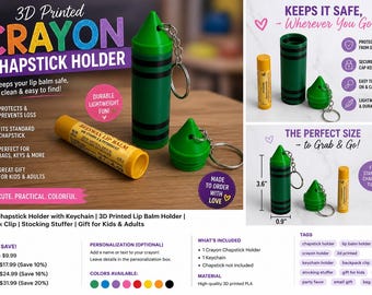 Crayon Chapstick Holder Keychain | 3D Printed Lip Balm Holder | Cute Backpack Clip | Chapstick Case | Gift for Kids Teacher Stocking Stuffer