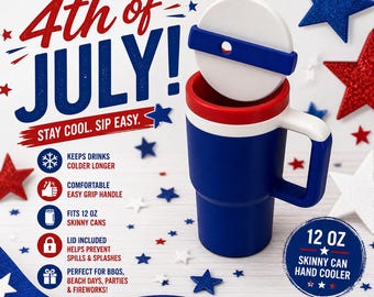 4th of July Skinny Can Cooler with Handle | 12oz Can Holder | Patriotic Drink Cooler | Red White Blue Cup Holder | Summer BBQ Party Access