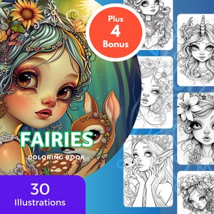 30 Fairy Coloring Book, Printable PDF, Fantasy Grayscale Line Art, Animation style Character Illustration for Adults and Kids