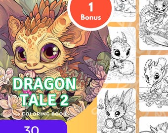 30 Dragon Tale Coloring Book, Printable PDF, Fantasy Grayscale Line Art, Animation style Character Illustration for Adults and Kids