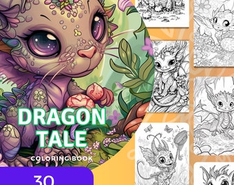 30 Dragon Tale Coloring Book, Printable PDF, Fantasy Grayscale Line Art, Animation style Character Illustration for Adults and Kids