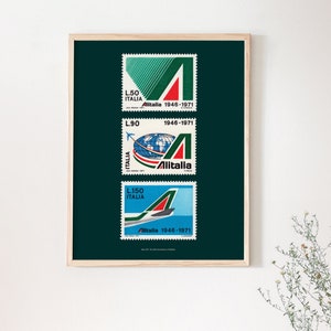 Alitalia Briefmarken Set Poster, 1971, Vintage italienische Luftfahrt Fluglinie Druck, Philatelie Wandkunst, Mid Century Briefmarken Sammler Geschenk