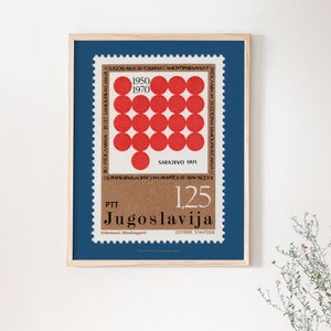 Rote Briefmarken Jugoslawien, Geometrische Kreise, Sarajevo, 1970er Jahre, Mid Century Modern, UdSSR Dekoration, Housewarminggeschenk