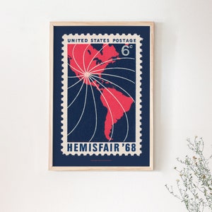 USA Hemisfair Ausstellung 1968 Plakat, rote, weiße und blaue Vintage Briefmarke Karte der USA, amerikanische zeitgenössische Wandkunst
