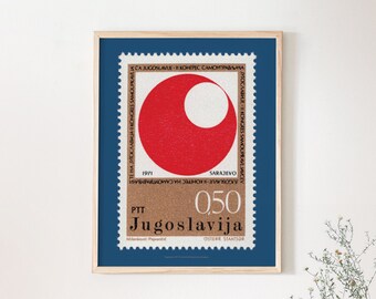 Geometrische Kreise Sarajevo Poster, rote Briefmarke Jugoslawien 1970er Jahre, Mid Century Wandkunst, UdSSR Dekoration, Housewarminggeschenk