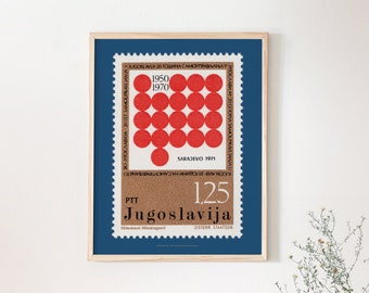 Rote Briefmarken Jugoslawien, Geometrische Kreise, Sarajevo, 1970er Jahre, Mid Century Modern, UdSSR Dekoration, Housewarminggeschenk