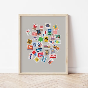Mid Century Modern Briefmarken Sammlung Kunstdruck, Bauhaus Inspiriertes Design Philatelistisches Plakat, Mutige Abstrakte Kunst, Retro Vintage Briefmarken