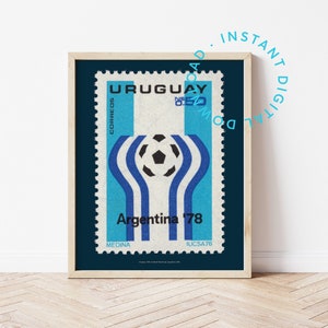 Vintage Argentinien Fußball WM Poster, Uruguay Fußball Briefmarke, Vintage Postkarte, digitaler Download, Geschenk für Fußball-Fan,