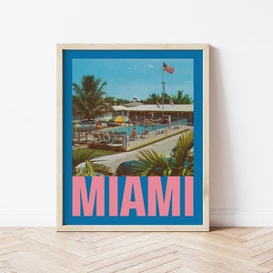 Poster di viaggio della città di Miami, cartolina vintage delle vacanze in Florida, poster di piscina tropicale blu dai colori vivaci, stampa di viaggio retrò dagli Stati Uniti