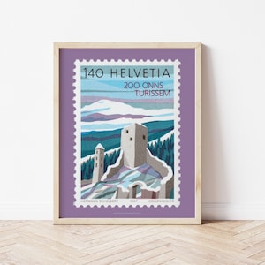Flieder Vintage Reise Poster, Schweizer Berge, Schweiz Tourismus Illustration Druck, Lila Briefmarke Kunst, Zeitgenössische Wand Dekoration