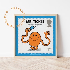 Afdrukbare Mr Men Poster, Mr Tickle Print, Blue Boys Nursery Print, Funny Kids Room Decor, New Baby Gift, Retro Postzegel, Cartoon Art