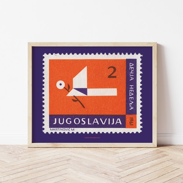 Vintage Yugoslavia Postage Stamp Print, Soviet Memorabilia, Modernist Abstract Dove Illustration, Housewarming Gift, Living Room Decor Art