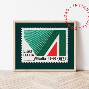Alitalia Briefmarke druckbares Plakat, Vintage italienische Luftfahrt Fluglinie Druck, Philatelie Wandkunst, Mid Century Grafik Digitaldruck