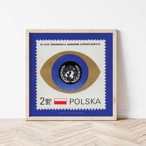 Polen Vereinte Nation Auge, Briefmarke Poster 1970er Jahre, Vintage UN Print, Briefmarkensammler Geschenk, Retro Wohnzimmer Dekoration