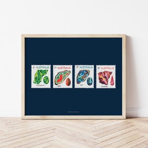 Kristall Edelstein Kunstdruck, Geode Poster, Achat Scheibe, Geburtsstein Opal Wandkunst, Bunte Steine & Mineralien Sammlerstück, Vintage Stempel Art