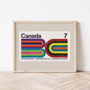 Bold Retro Abstract Stripes Poster, Mid Century Modern Geometric Print, British Columbia Canadian Postage Stamp Art, 1970s Style Artwork image 1