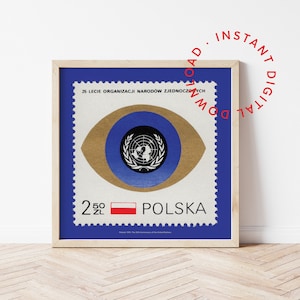 Druckbares Polen Vereintes Auge, digitaler Download Briefmarke Poster 1970er Jahre, Vintage polnischen UN Print, Briefmarkensammler, Wandkunst, Geschenk