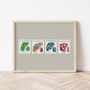 Kristall Edelstein Kunstdruck, Geode Poster, Achat Scheibe, Geburtsstein Opal Wandkunst, Bunte Steine & Mineralien Sammlerstück, Vintage Stempel Art
