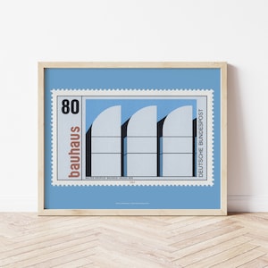 Bauhaus Kunst Poster, blau Walter Gropius Bauhaus Ausstellungsdruck, Vintage Briefmarke Kunst, Mid Century Modern Fine Art Wanddekoration