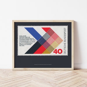 Póster de sello postal alemán vintage inspirado en la Bauhaus, 1973, arte mural abstracto de mediados de siglo con flechas, filatelia alemana y francesa, decoración del hogar