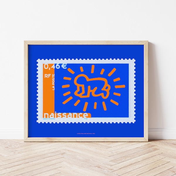 Keith Haring Radiant Baby Art Print, NYC Street Artist, Pop Art Doodle Poster, Cobalt Blue Fluorescent Orange Illustration, French Stamp Art