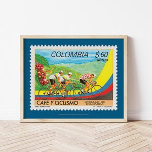 Kaffee und Radfahren Poster, Vintage kolumbianische Briefmarke Kunstdruck, Stolz von Kolumbien Flagge, Rennrad Cafe Poster, Kaffee Liebe Geschenkideen