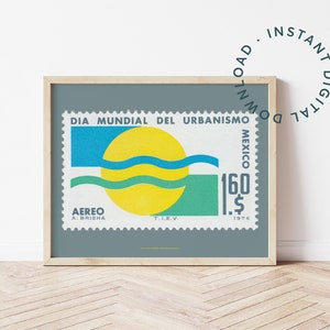 Druckbare mexikanische Sonnenuntergang Illustration Poster, tropische Sonnenaufgang Druck digitaler Download, Briefmarke Wand Kunst Druck, Sammler-Geschenk-Ideen