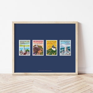Vintage Reiseplakat der Schweizer Berge, Schweiz Tourismus Illustration Print, Set Schweizer Briefmarken, zeitgenössische Hauptwanddekor