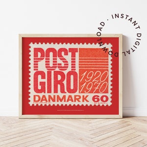 Druckbare dänische Briefmarke, Vintage Briefmarke, Typografie Wandkunst, Philatelie, Wohnkultur, Dänemark Poststempel, Grafikdesign Landschaftsdruck