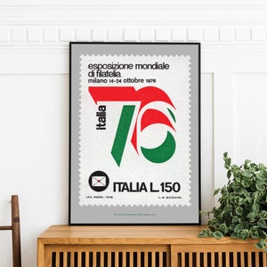 Italia Stamp Ausstellungsplakat 1976, Typografischer Expo Digitaldruck, Vintage Philatelie Wohnzimmer Dekor, Mid Century Modernist Wandkunst