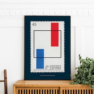 Bauhaus inspiriert Spanien Briefmarke Druck, 1989, Vintage Mid Century modernes geometrisches Design, Philatelie abstrakte Wandkunst, mutiges Wohndekor