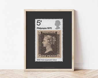 Penny Black Stamp Replica Poster, Grey Queen Victoria Print, Steam Punk Wall Art, Historical Philately Art, Post Office Memorabilia