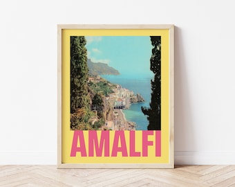 Amalfi Coast Print, Amalfi Coast Travel Poster, Vintage Italian Holiday Postcard, Bright Beach Poster, Retro Travel Print from Italy