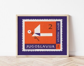 Vintage Jugendstil Jugoslawien Briefmarke Druck, Jugoslawische Erinnerungsstücke, Modernistische Taube Illustration, Einzugsgeschenk, Jugoslawische Taube Illustration, Wohnzimmer Dekor Kunst