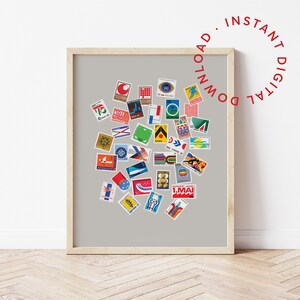 Colección de sellos modernos de mediados de siglo Impresión de arte imprimible, cartel filatélico inspirado en la Bauhaus, arte abstracto audaz, sellos postales vintage retro
