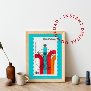Leonardo Da Vinci Vitruvianischer Mann Plakat, UNO New York Kunstdruck, Mid Century Stripes Wandkunst, Aqua-Türkis UN Briefmarke Kunst