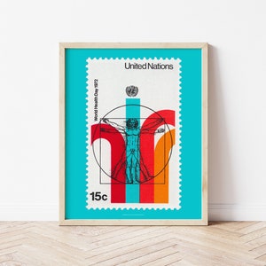 Leonardo Da Vinci Vitruvianischer Mann Plakat, UNO New York Kunstdruck, Mid Century Stripes Wandkunst, Aqua-Türkis UN Briefmarke Kunst