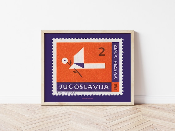 Vintage Yugoslavia Postage Stamp Print, Soviet Memorabilia, Modernist Abstract Dove Illustration, Housewarming Gift, Living Room Decor Art