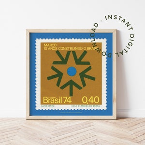 Mid-Century Pfeil druckbares Poster, minimalistischer goldener Stern, geometrischer Wanddruck, Brasilien Briefmarke Kunst, quadratische Schneeflocke
