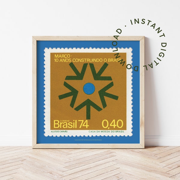 Mid-Century Arrow Printable Poster, Minimalist Gold Star, Modernist Geometric Wall Print, Brazil Postage Stamp Art, Square Snowflake Print