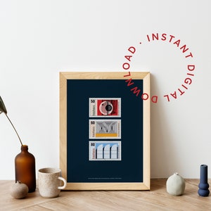 Set Bauhaus Kunst Briefmarken Poster, Bauhaus Museum Ausstellung Poster, Mid Century Modern Art, Briefmarkensammler Geschenkideen