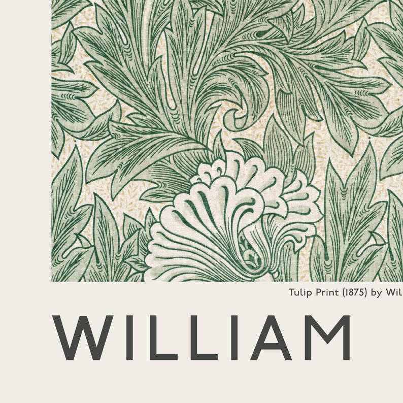 May include: A green and white floral pattern wallpaper with the text "Tulip Print (1875) by Wil" and the name "WILLIAM" in black text.